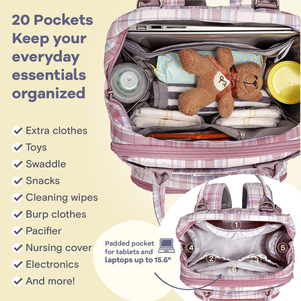 RUVALINO diaper bag backpack insulated bottle pockets fit wide or tall bottles.