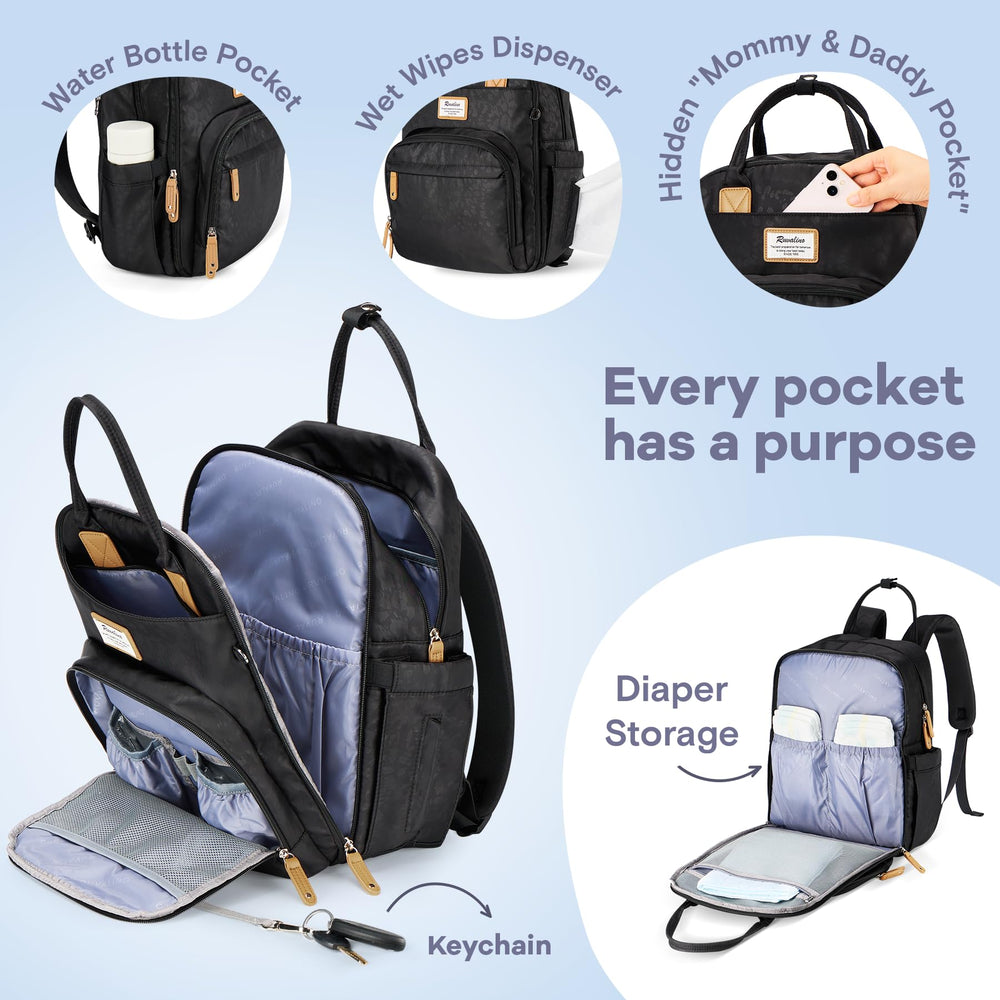 RUVALINO diaper bag backpack insulated bottle pockets fit wide-neck bottles for easy feeding.