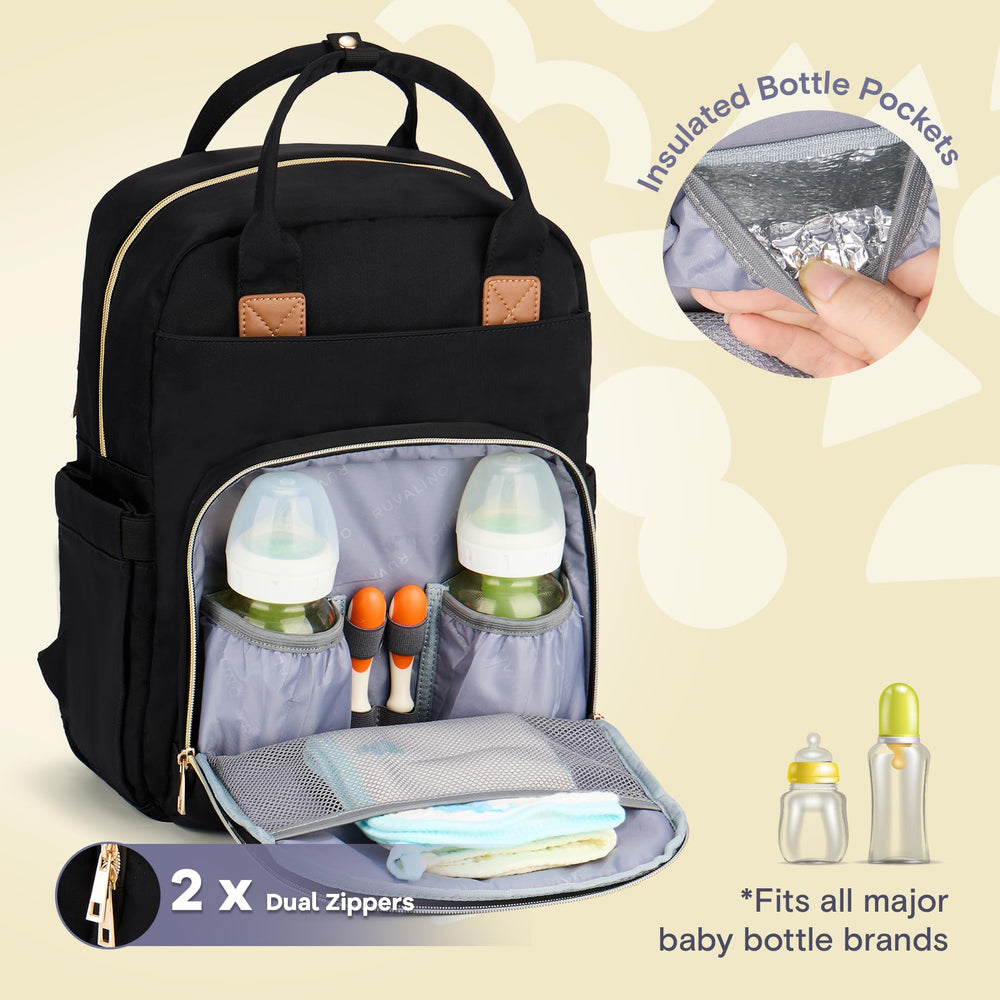 RUVALINO diaper bag backpack insulated bottle pockets accommodate wide neck bottles reliably.