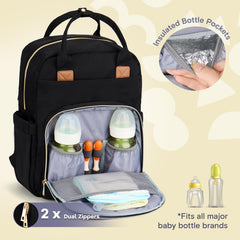 RUVALINO diaper bag backpack insulated bottle pockets accommodate wide neck bottles reliably.
