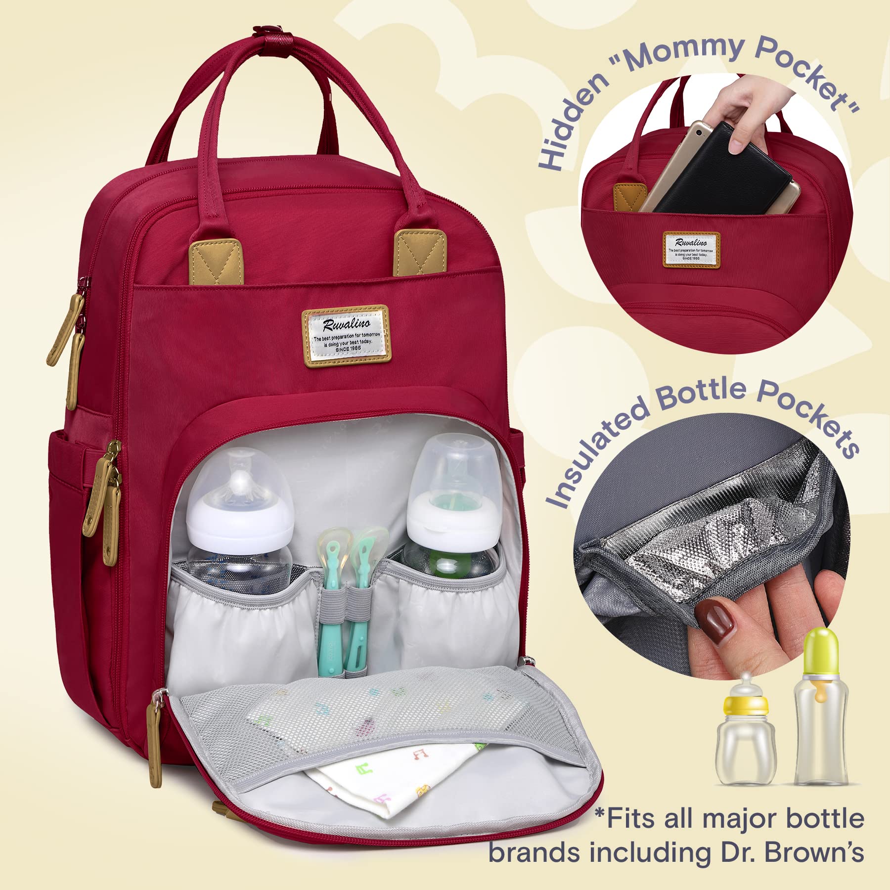 RUVALINO Diaper Bag Backpack side view highlights insulated bottle pockets for 5–11 oz bottles.