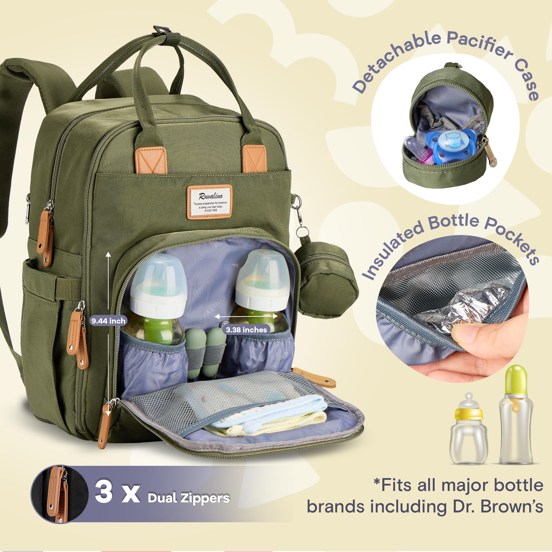 RUVALINO diaper bag backpack insulated bottle pockets help maintain temperature during outings.