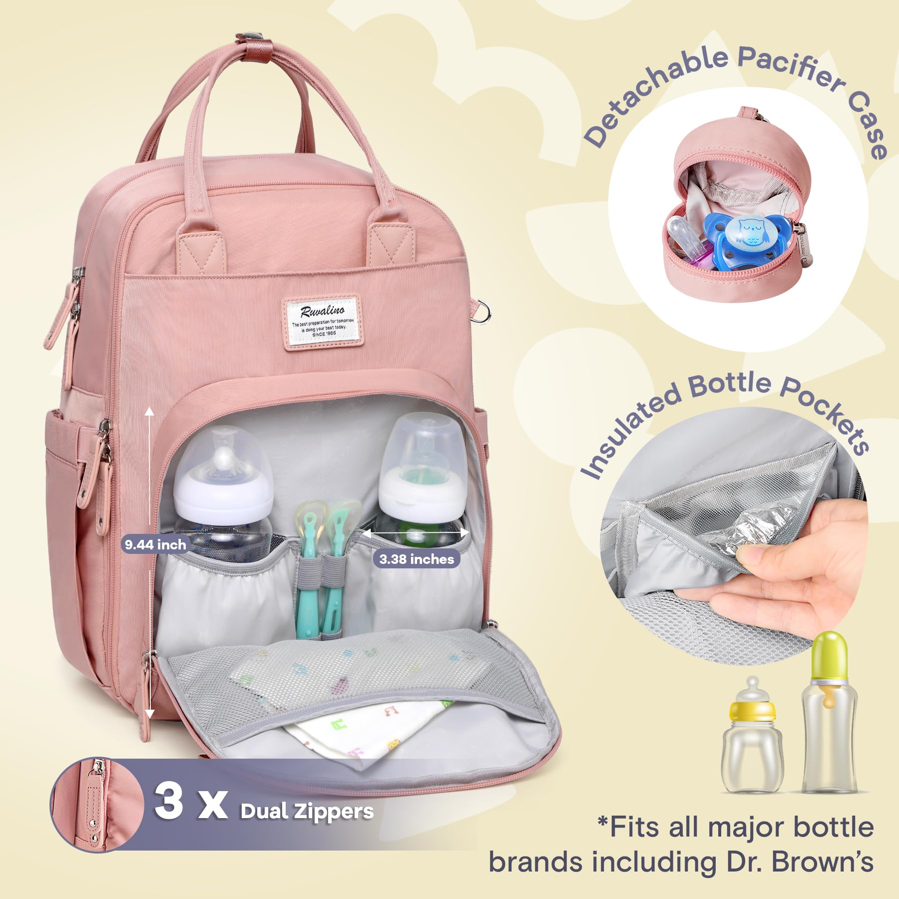 RUVALINO diaper bag backpack interior layout shows 17 pockets for easy baby essentials
