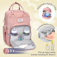 RUVALINO diaper bag backpack interior layout shows 17 pockets for easy baby essentials