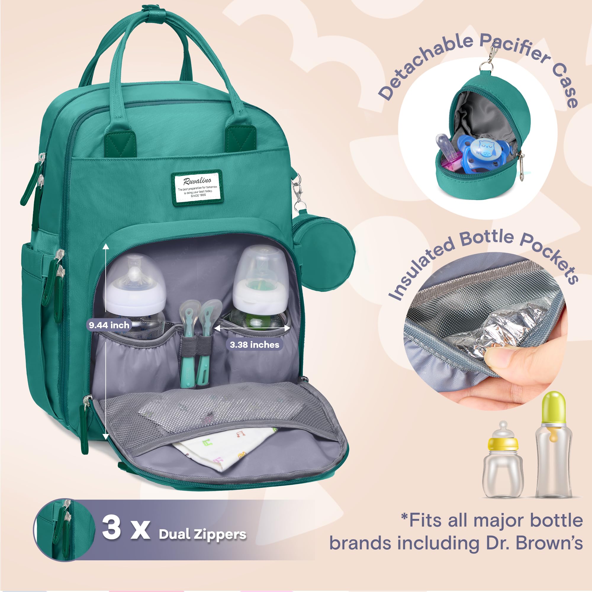 RUVALINO diaper bag backpack interior highlights 17 pockets for organized baby and parent essentials.