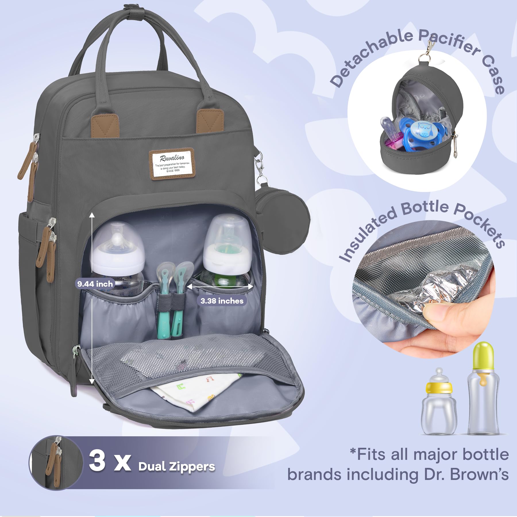 RUVALINO diaper bag backpack padded laptop pocket protects devices during travel.