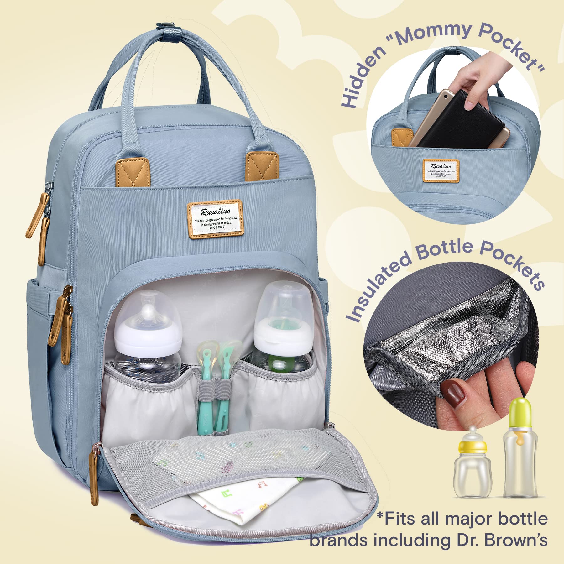 RUVALINO diaper bag backpack open compartments enables quick access while multitasking.