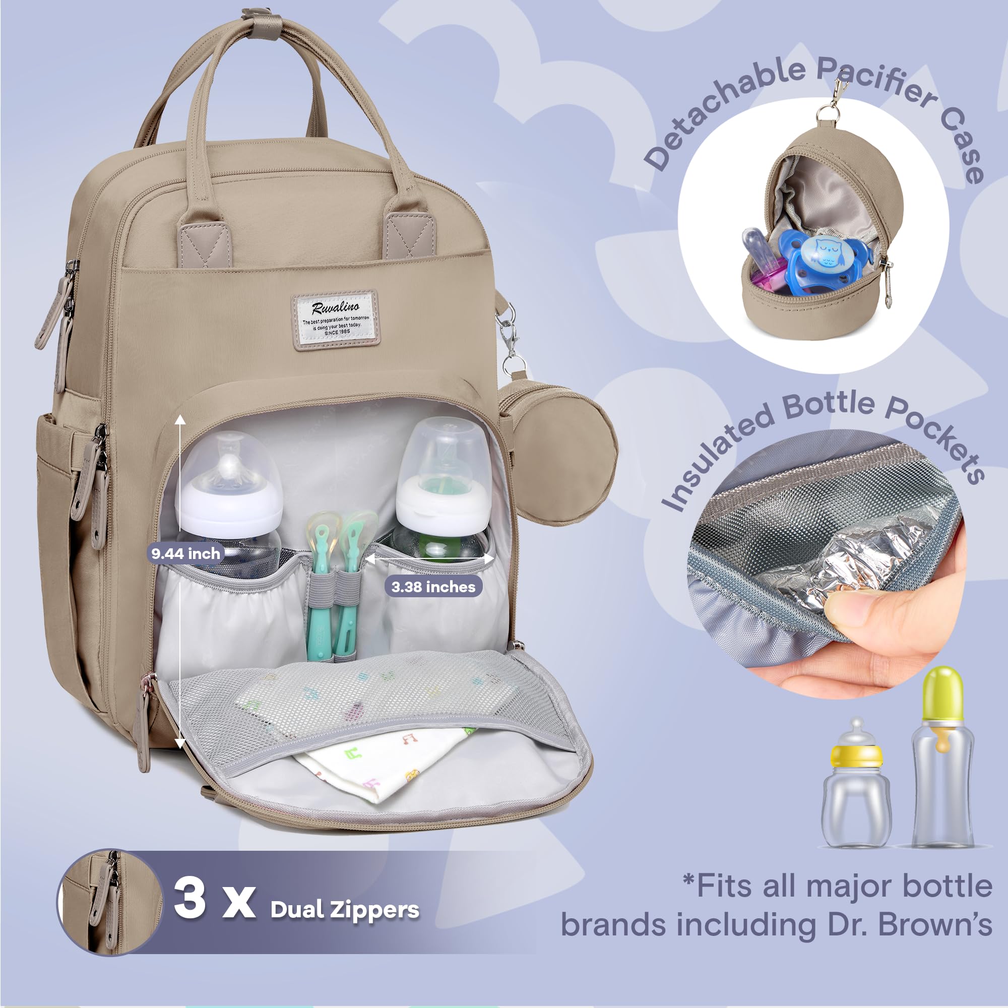 RUVALINO diaper bag backpack open main compartment for easy one-handed access.