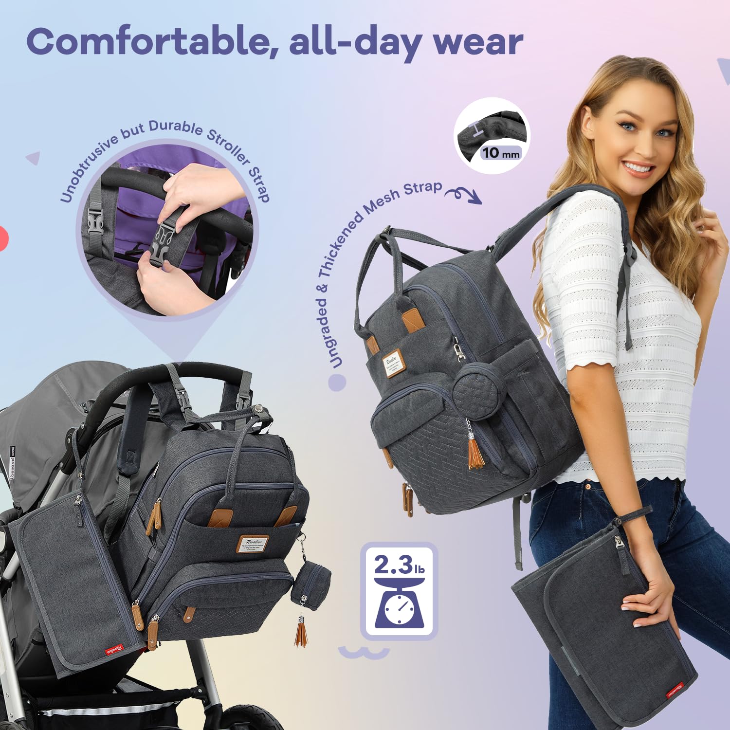 RUVALINO diaper bag backpack open main compartment for quick one-handed access.