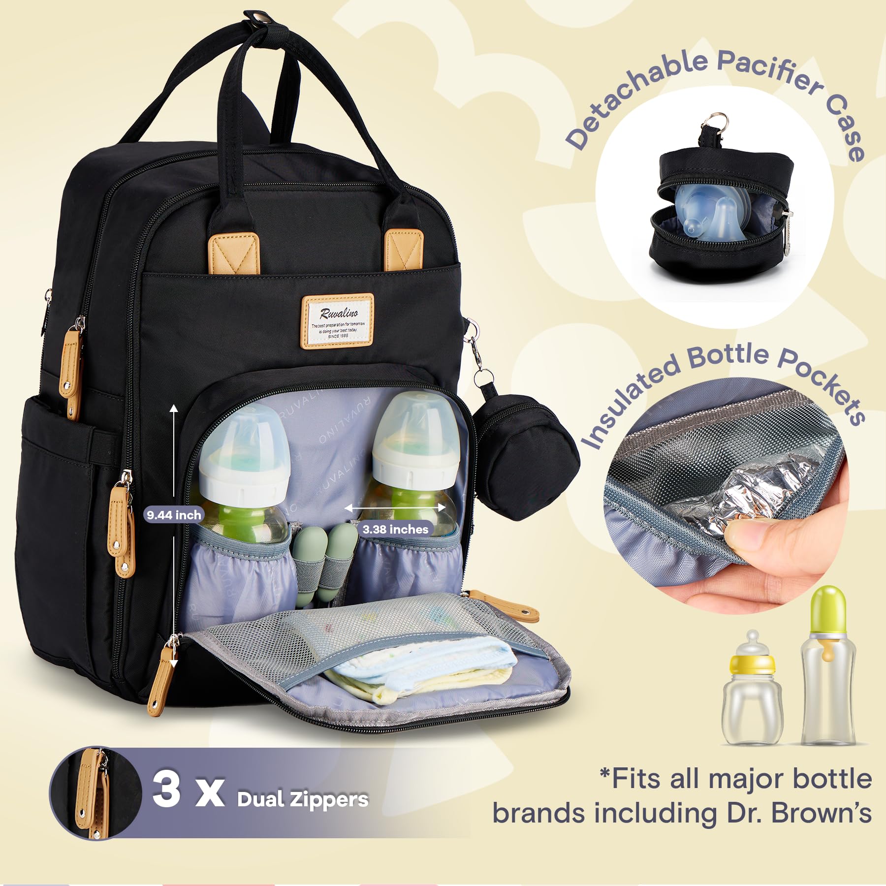RUVALINO diaper bag backpack open wide for easy one-handed access to essentials