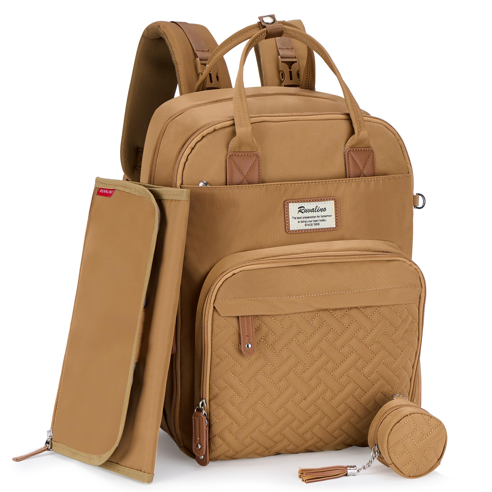 RUVALINO diaper bag backpack overall view showing roomy storage for on-the-go parenting