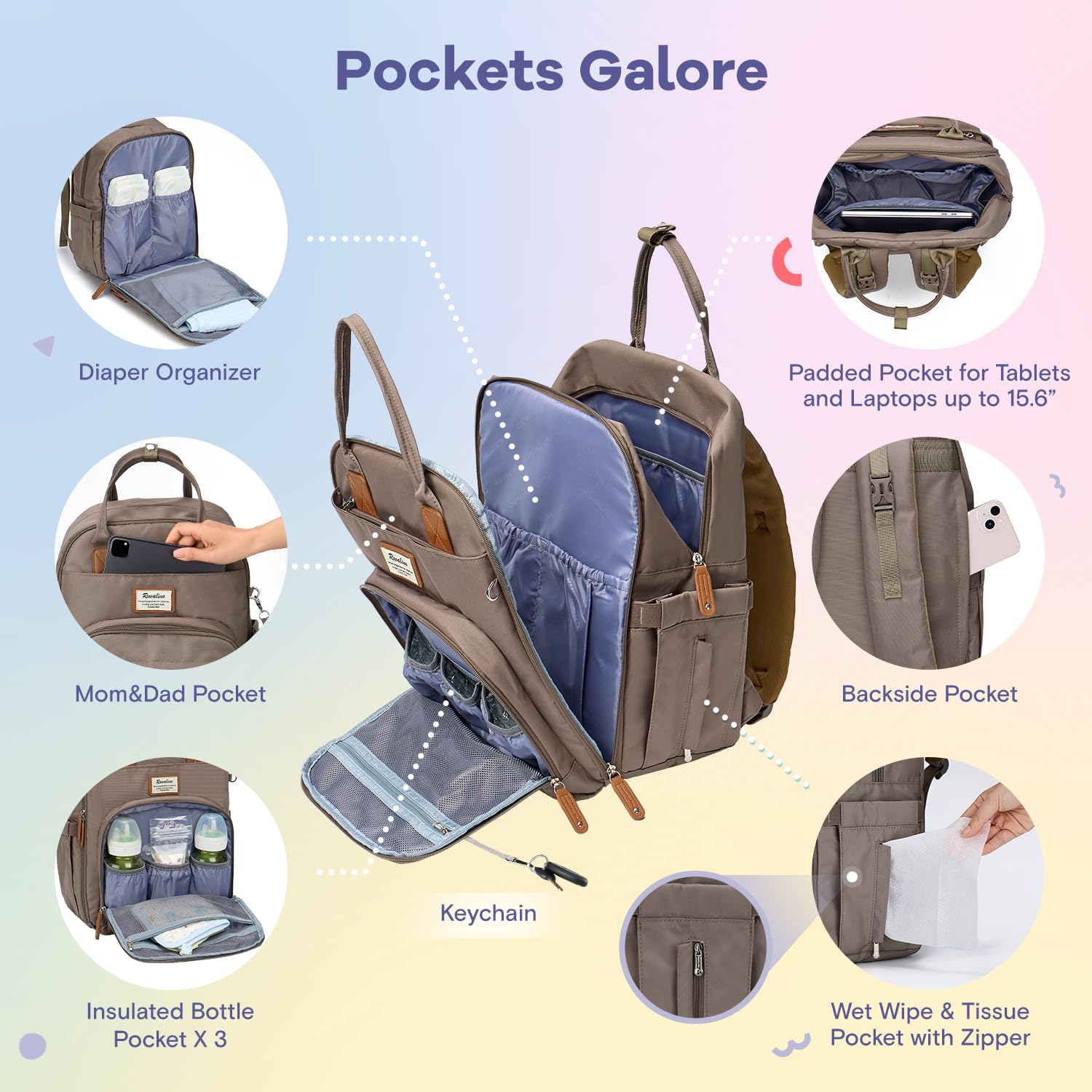 RUVALINO diaper bag backpack detachable pacifier holder keeps essentials organized