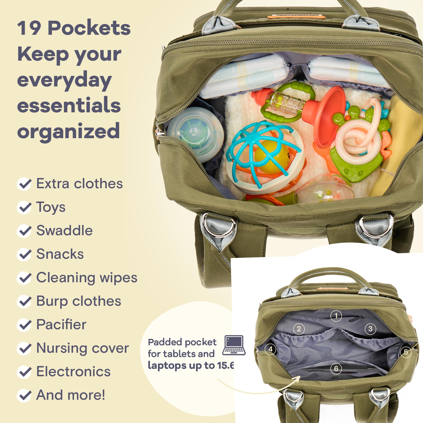 RUVALINO diaper bag backpack padded laptop pocket protects devices while traveling.