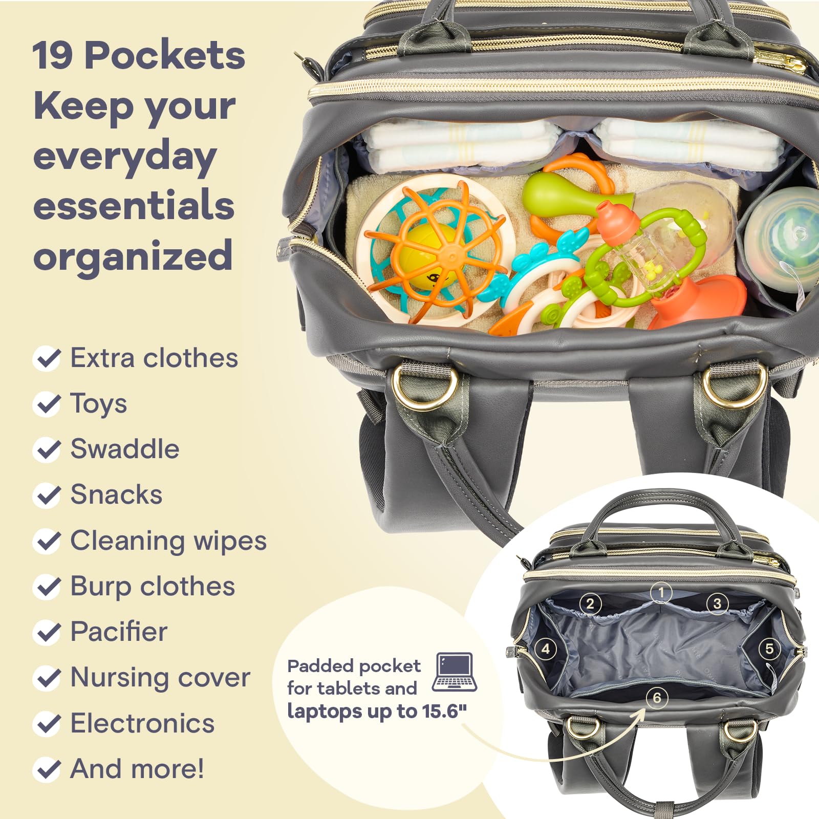 RUVALINO diaper bag backpack thickened S-curve straps for comfortable carrying