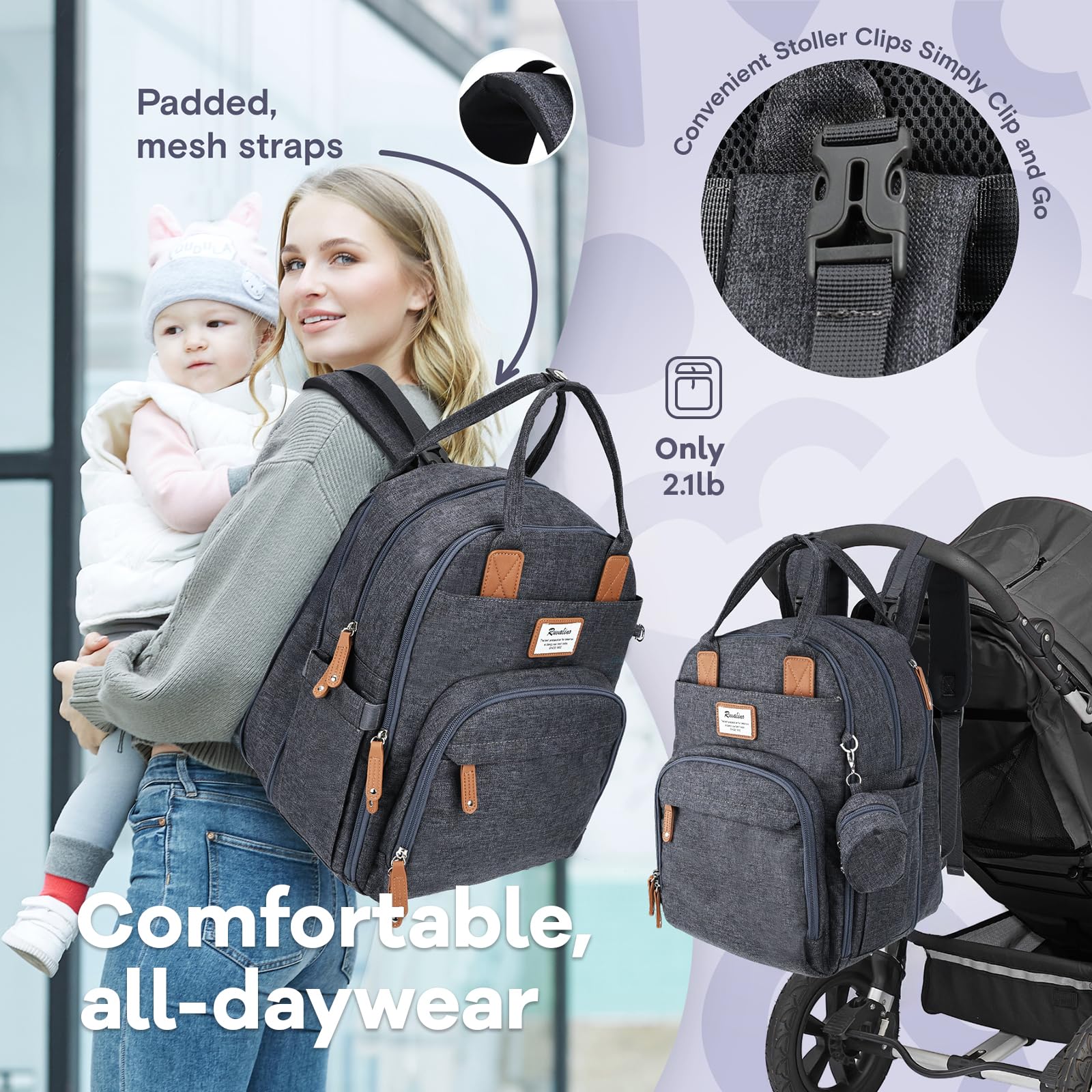RUVALINO Diaper Bag Backpack easily attaches to strollers for hands-free shopping