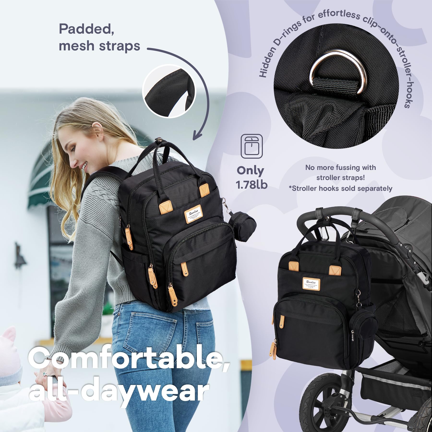RUVALINO diaper bag backpack stroller-hanging option for hands-free outings