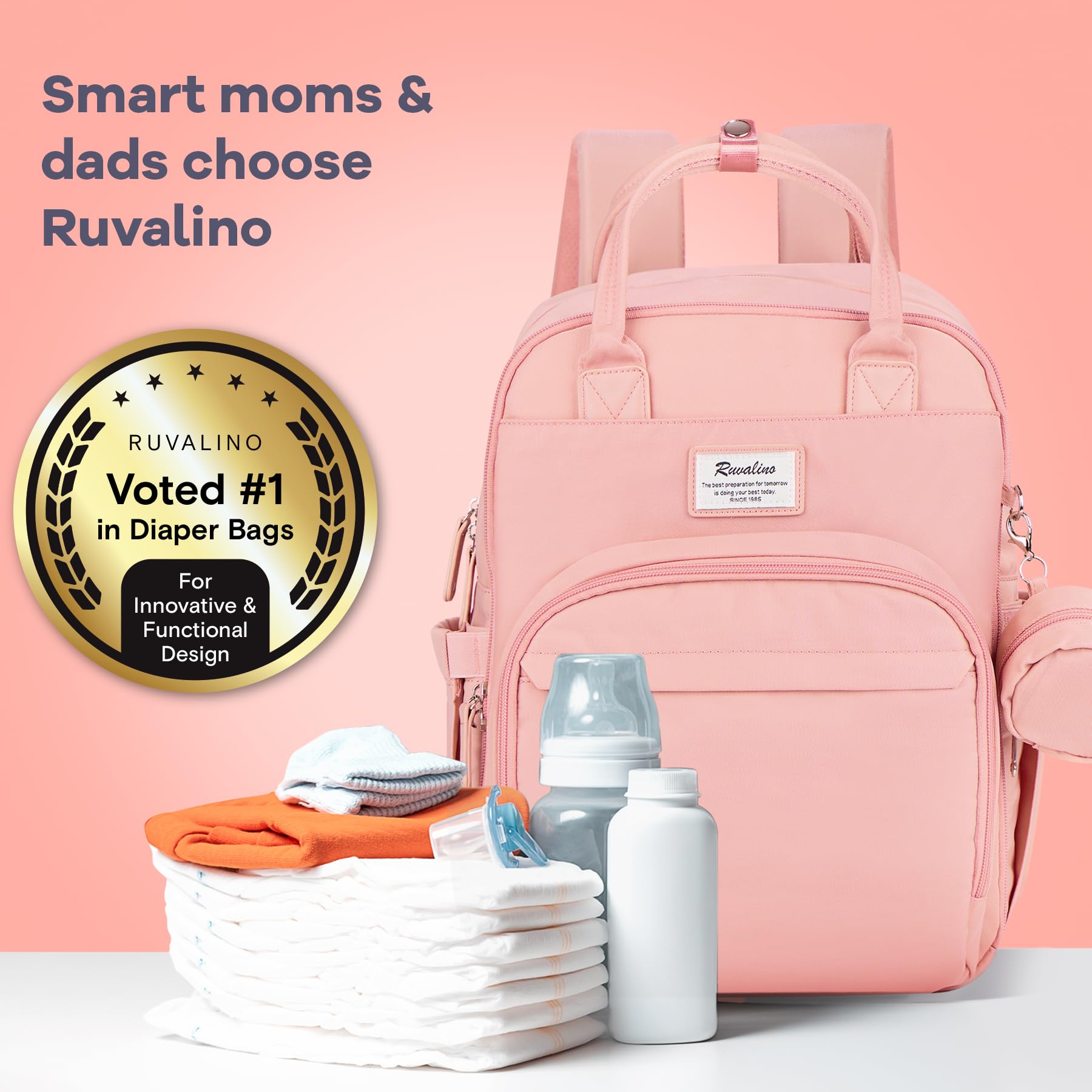 RUVALINO diaper bag backpack stroller strap compatibility for hands-free baby outings
