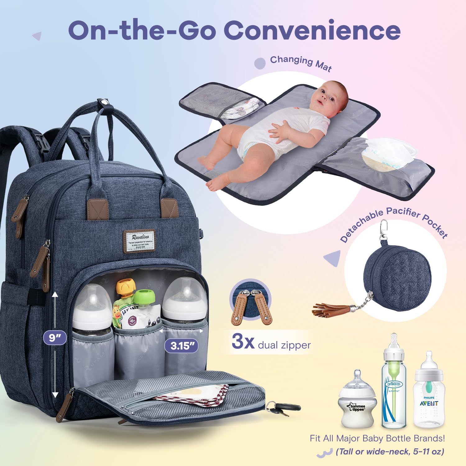 RUVALINO diaper bag backpack stroller straps attach to any stroller for hands-free travels.