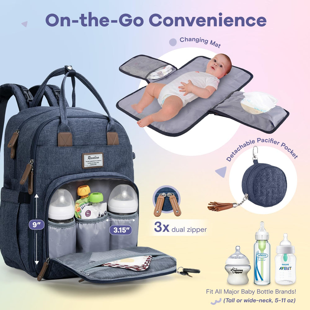 RUVALINO diaper bag backpack stroller straps attach to any stroller for hands-free travels.