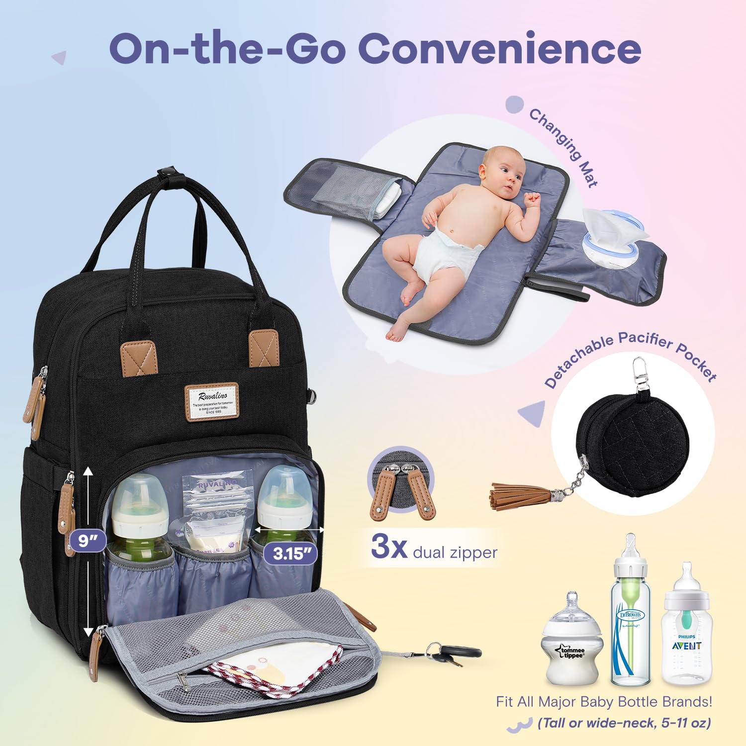 RUVALINO diaper bag backpack stroller straps for hands-free travel