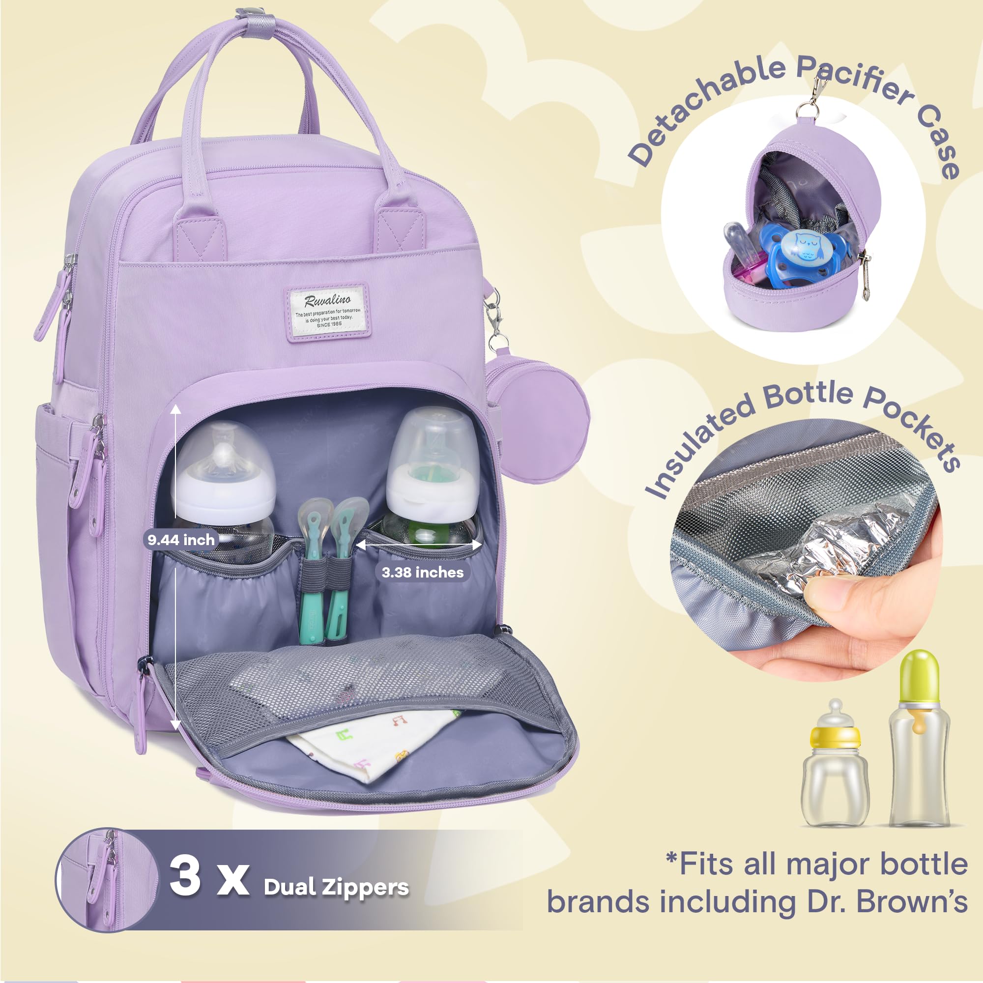 RUVALINO diaper bag backpack taro purple interior with spacious compartments for easy access