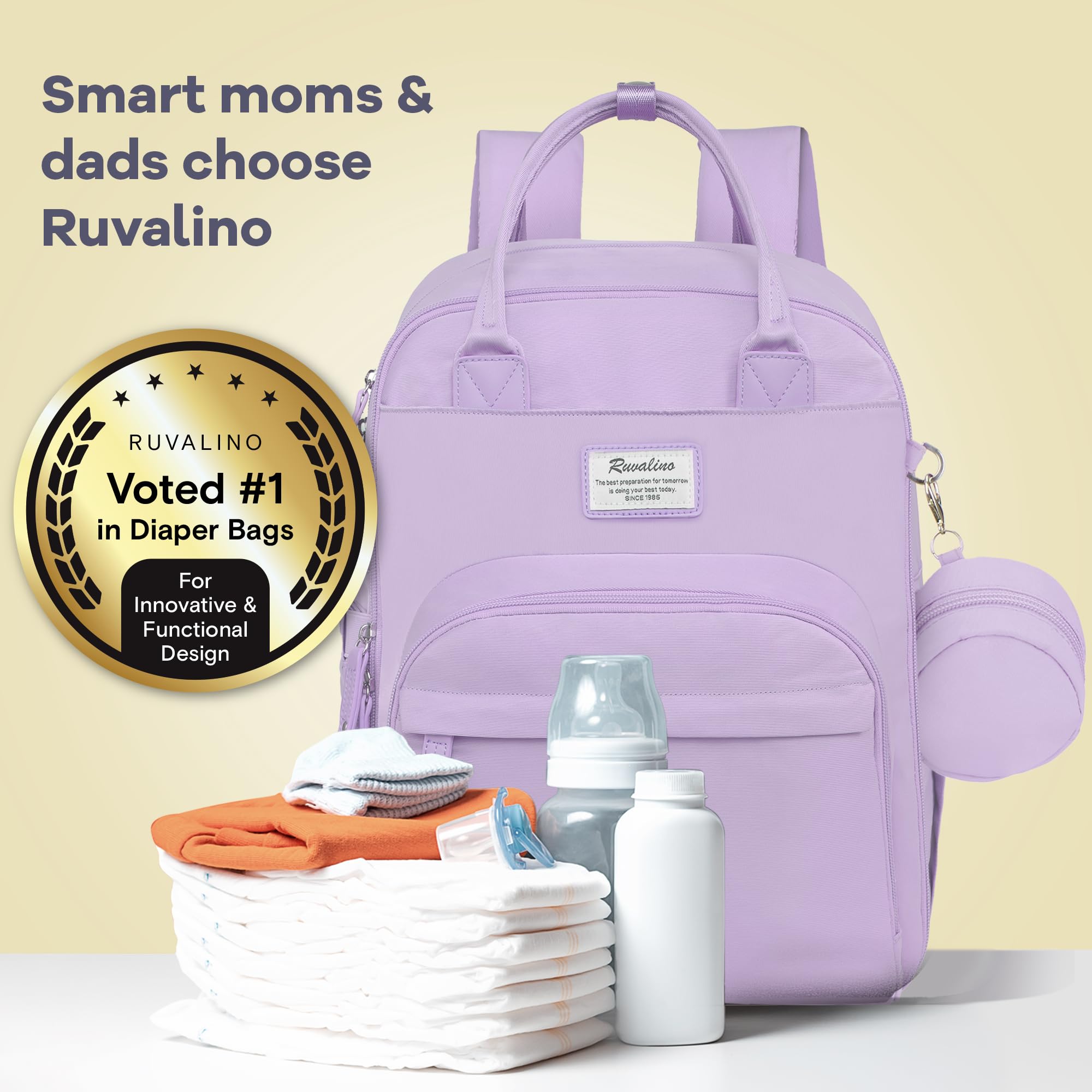 RUVALINO diaper bag backpack taro purple stroller clip compatibility for hands-free walks
