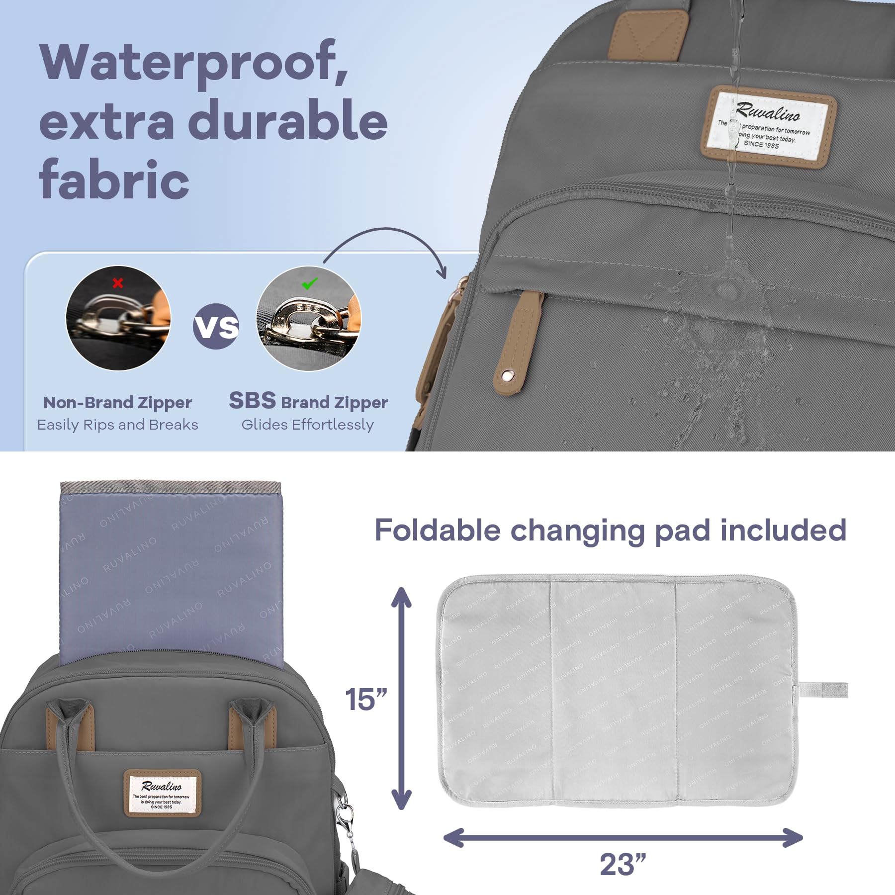 RUVALINO diaper bag backpack waterproof fabric resists wear and tear on outings.