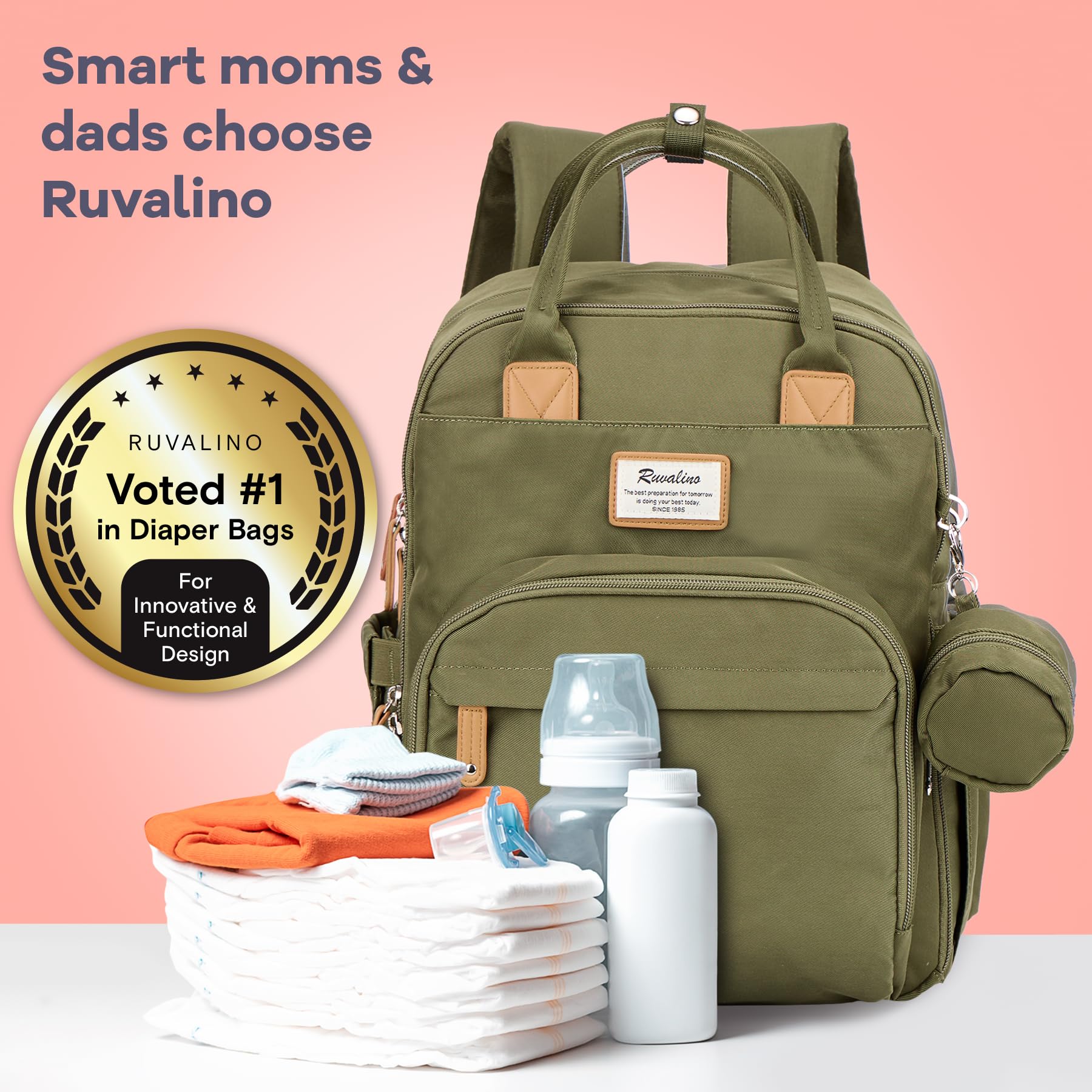 RUVALINO diaper bag backpack waterproof fabric resists rain and spills on adventures.