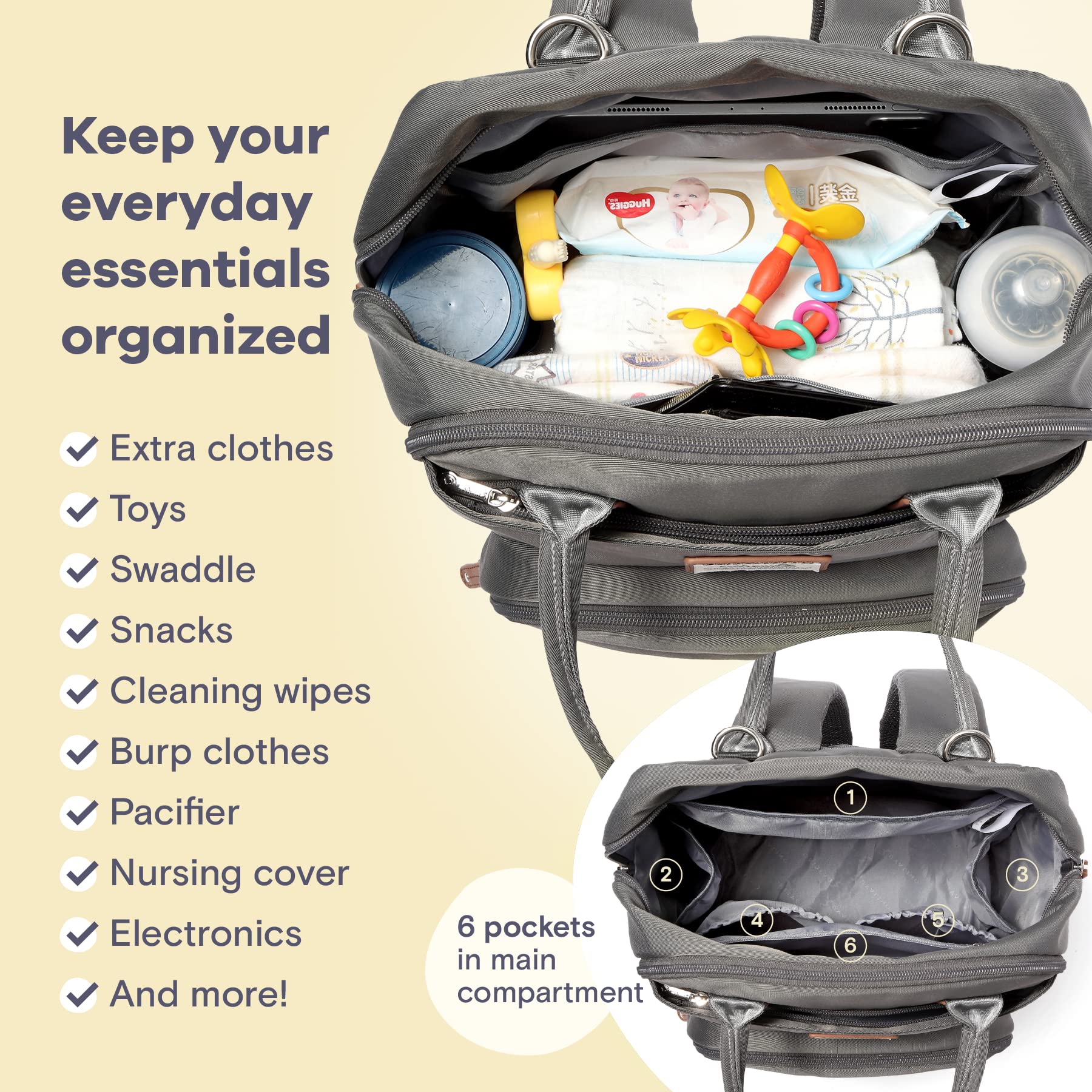 RUVALINO diaper bag backpack wide opening for easy finding essentials in a pinch.