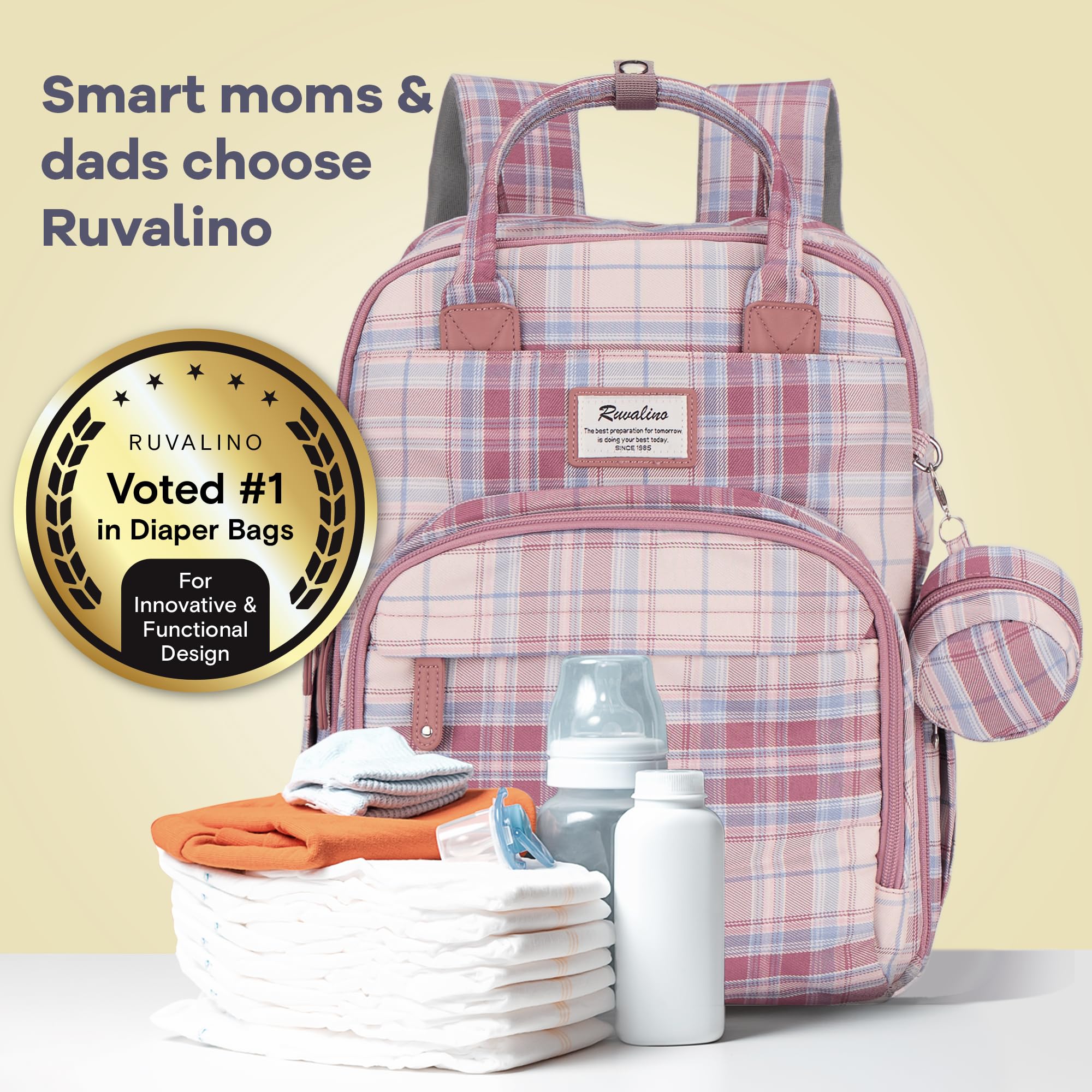 RUVALINO diaper bag backpack wide-opening design for fast access to items.