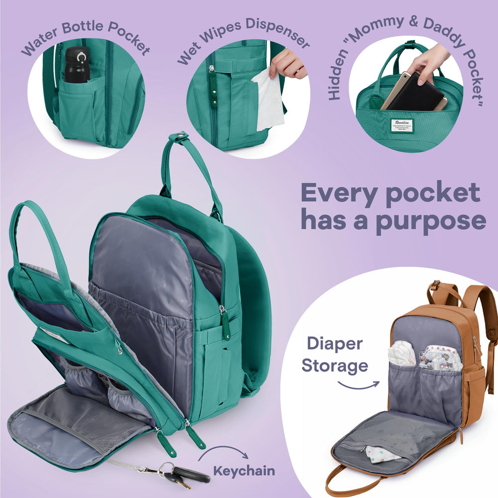 RUVALINO diaper bag changing pad included enables quick changes anywhere.