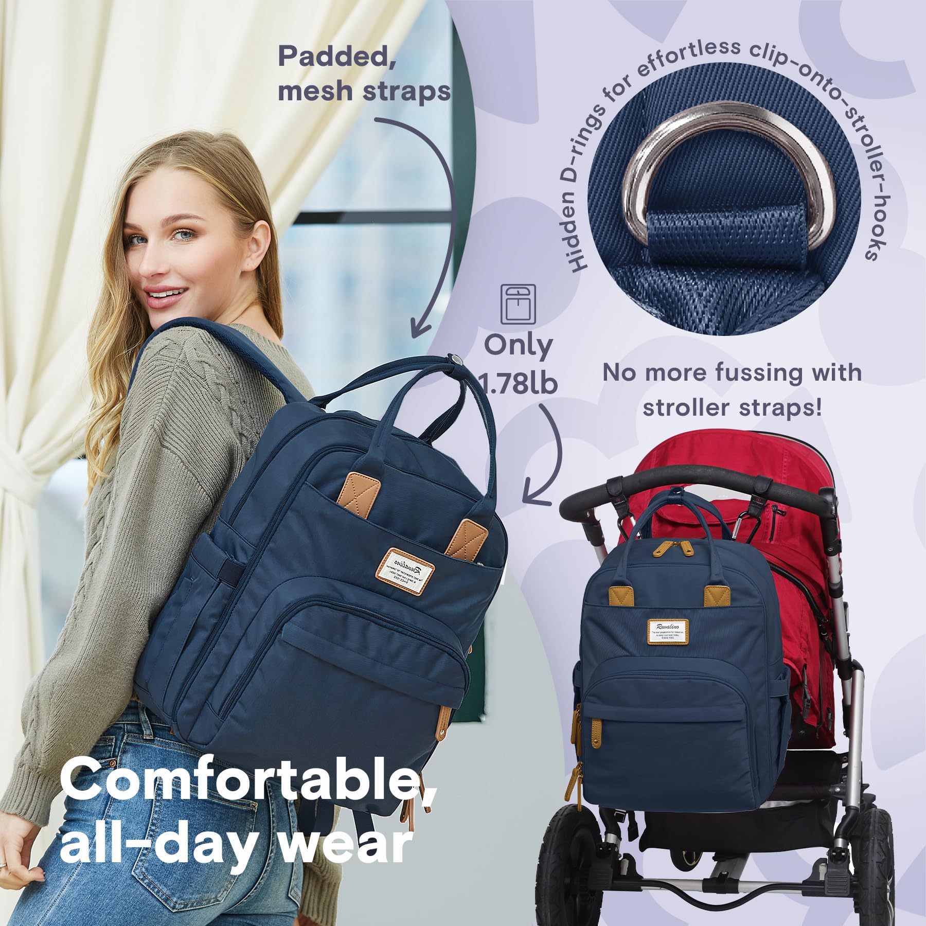 RUVALINO diaper bag changing pad included offers clean, on-site diaper changes.
