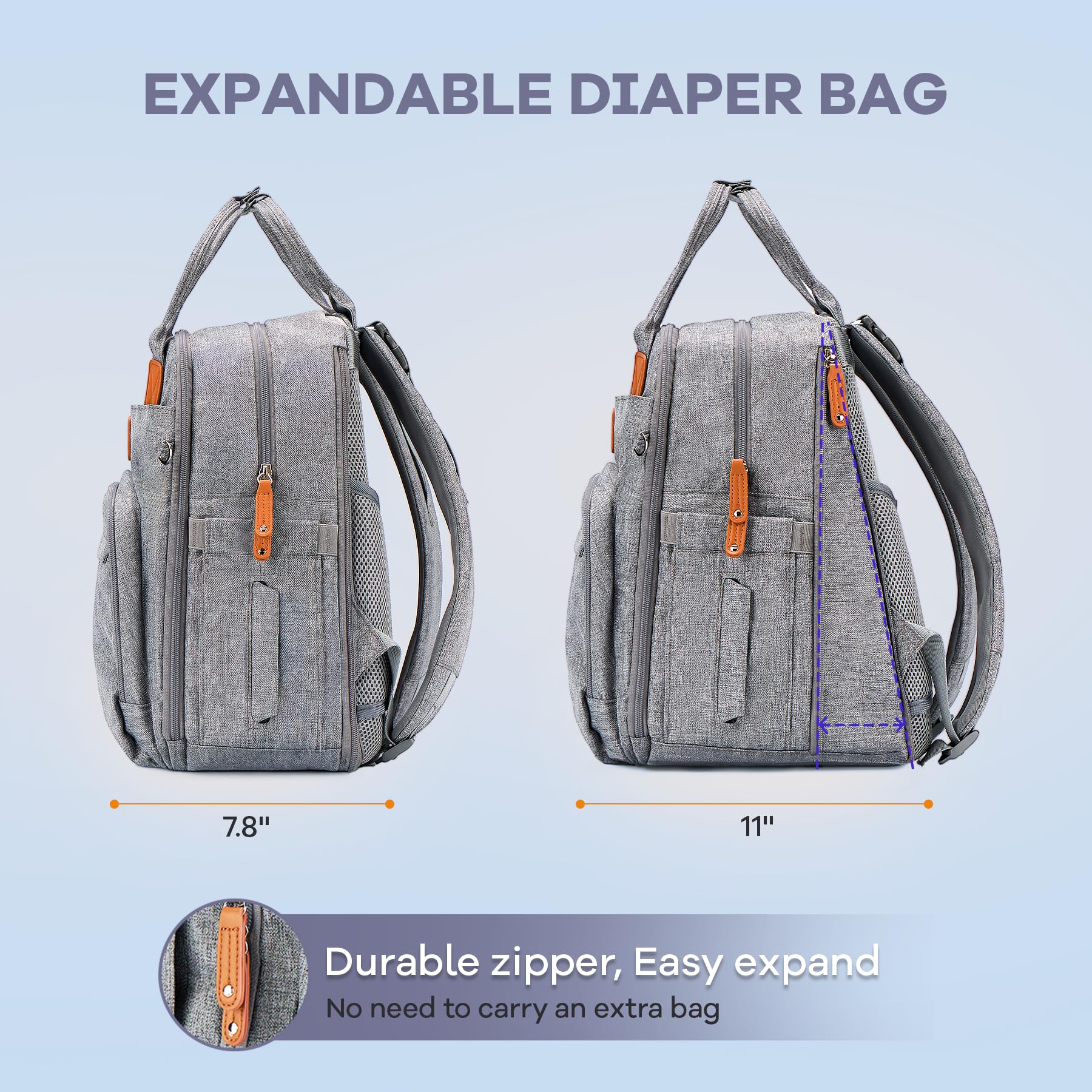 RUVALINO changing pad inside the bag supports quick diaper changes.