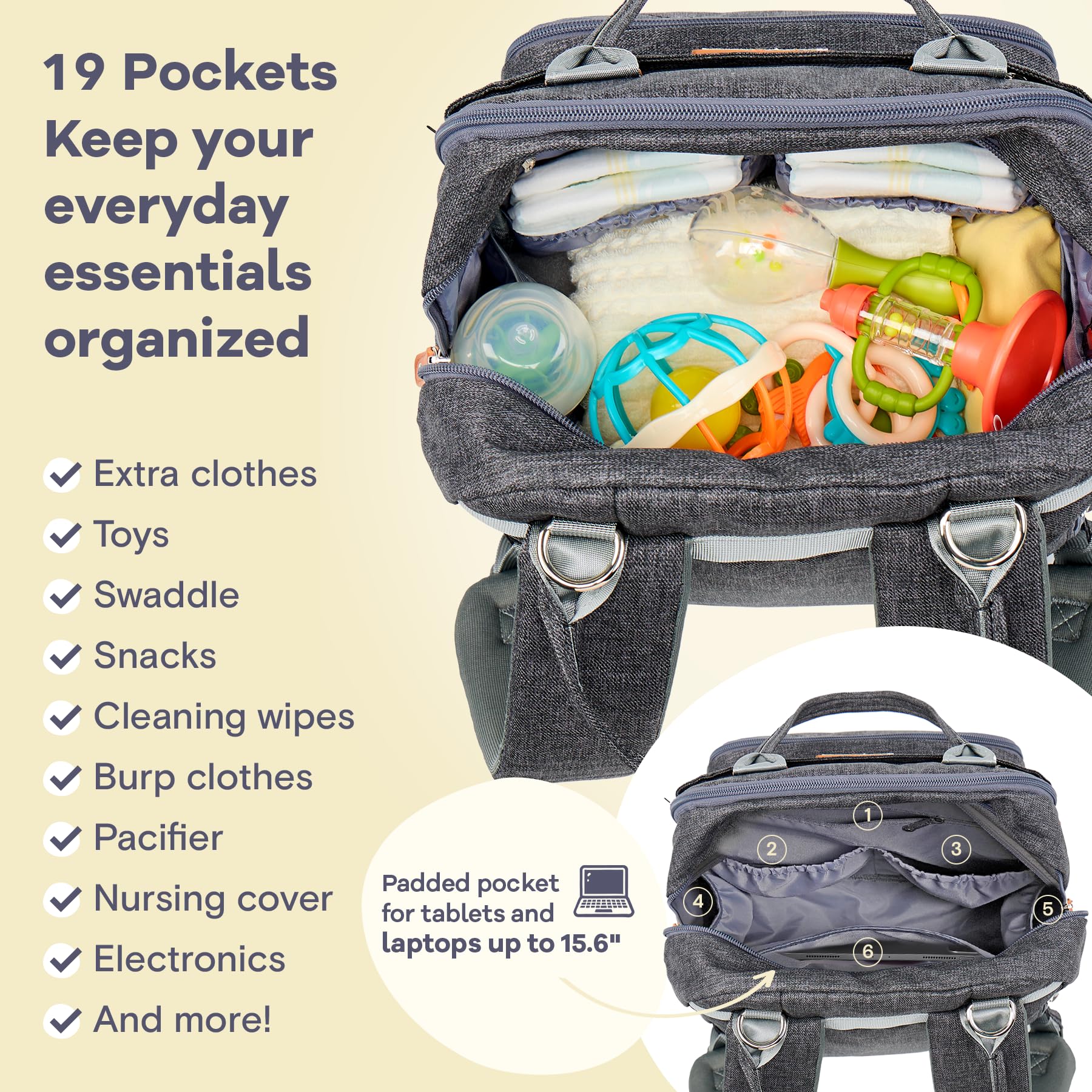 RUVALINO diaper bag changing pad included for quick, clean diaper changes.