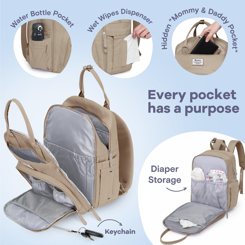 RUVALINO diaper bag changing pad included ready for on-the-go diaper changes.