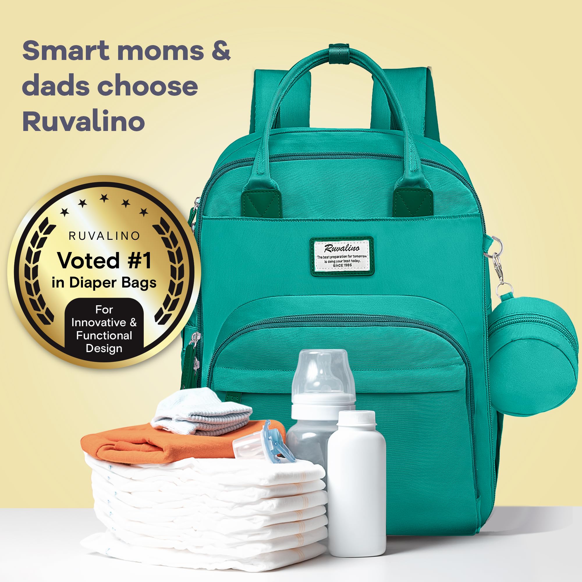 RUVALINO diaper bag converts to backpack or handbag for versatile outings.