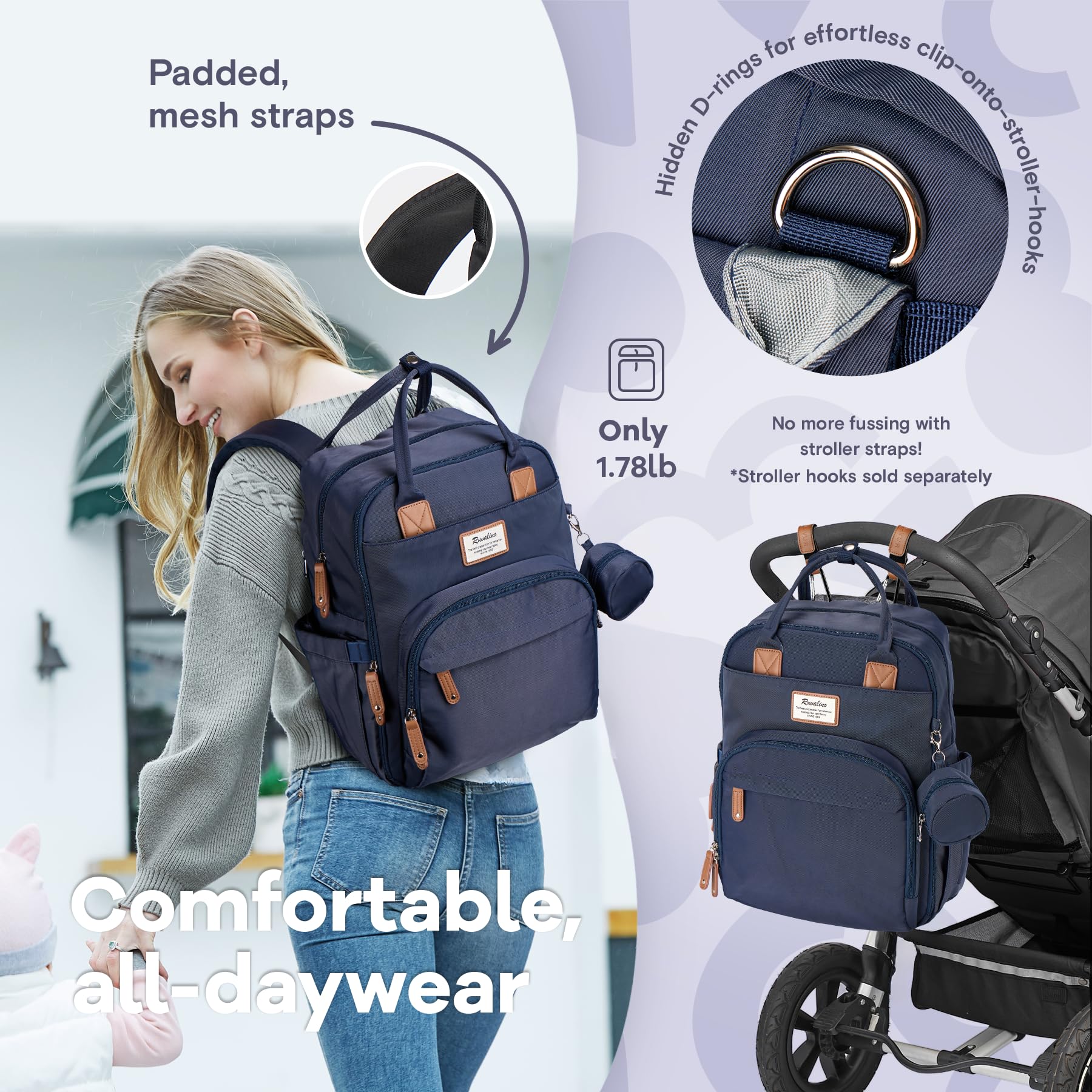RUVALINO convertible design for backpack, tote, or stroller attachment