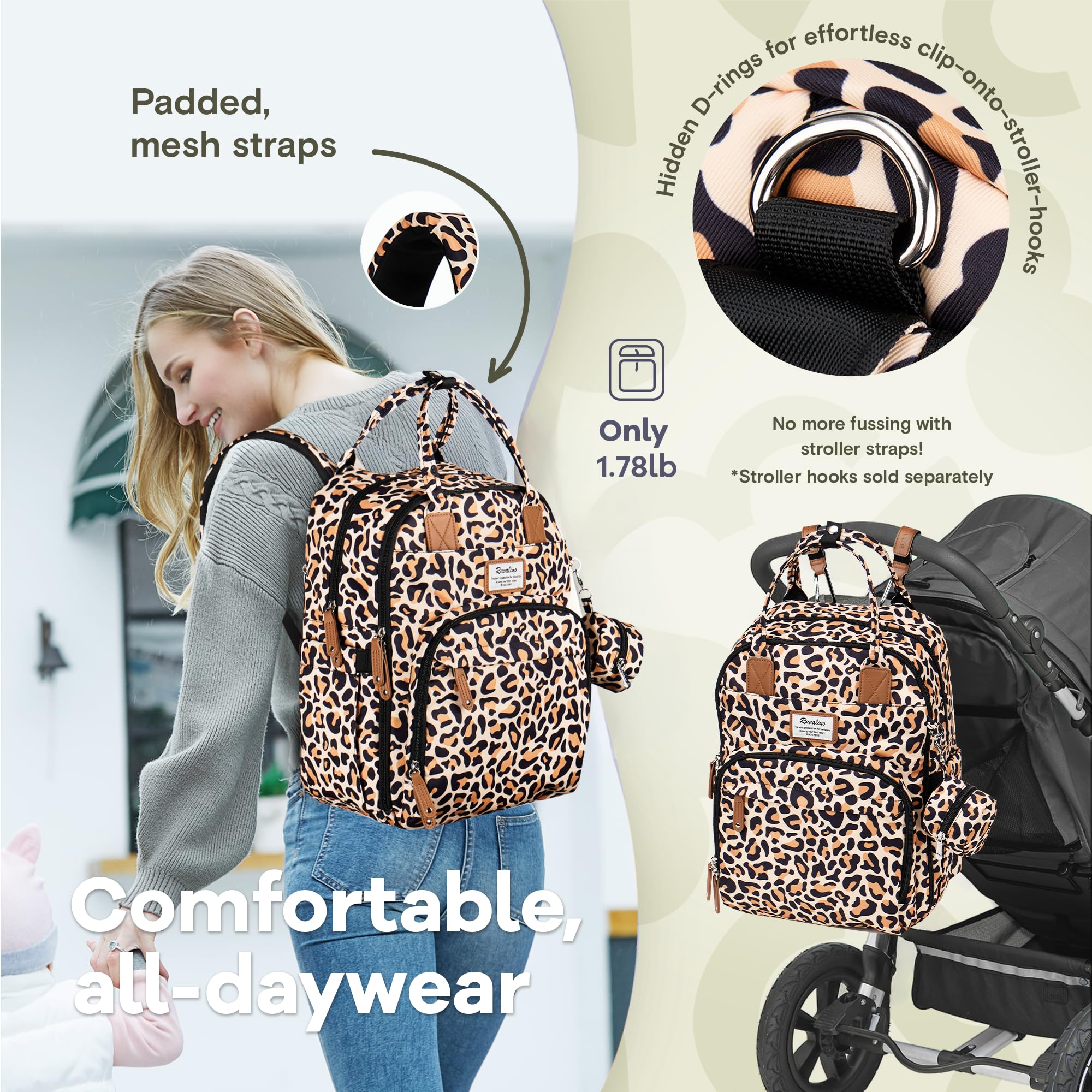 RUVALINO ergonomic straps and back panel offer comfortable carrying during long outings.