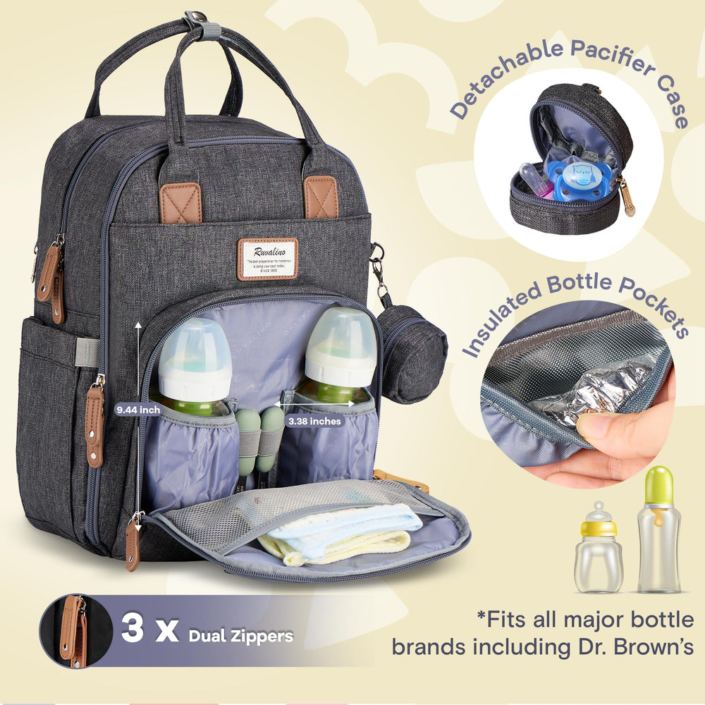 RUVALINO diaper bag interior pockets organize bottles, diapers, and essentials at a glance.