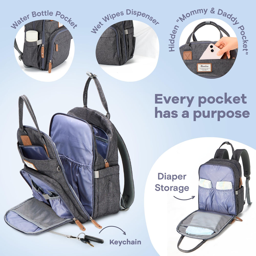 RUVALINO diaper bag insulated bottle pockets keep bottles warm or cool on the go.