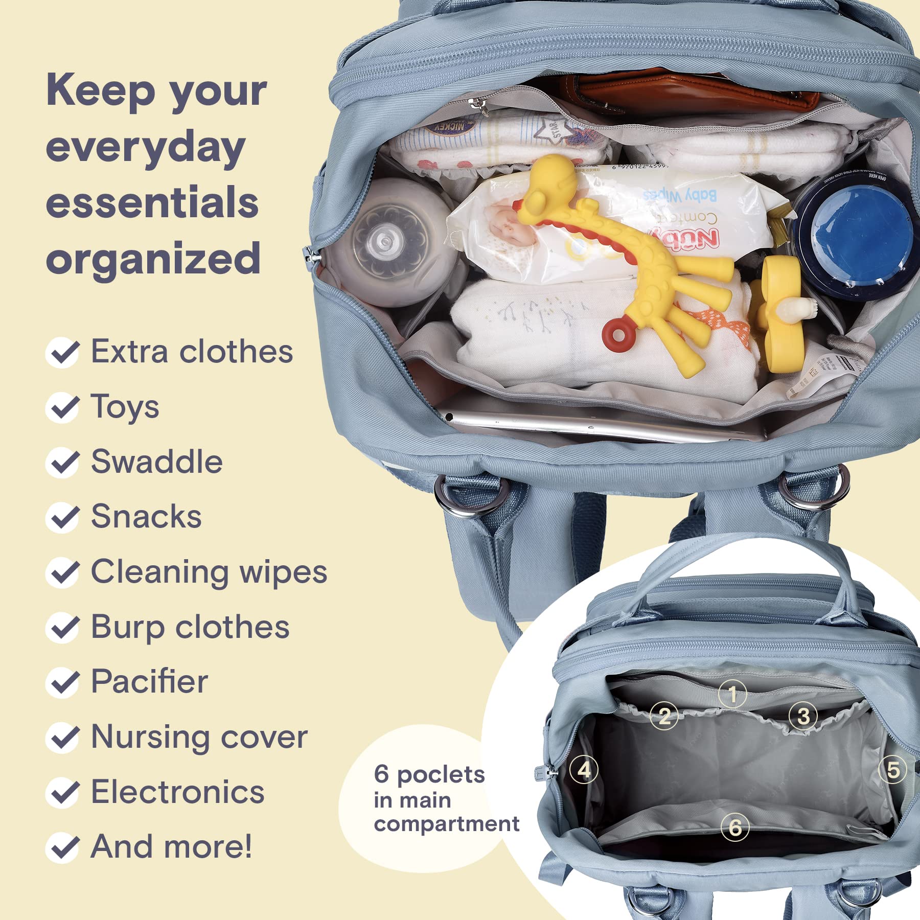 RUVALINO diaper bag insulated bottle pockets keep bottles warm or cold on outings.