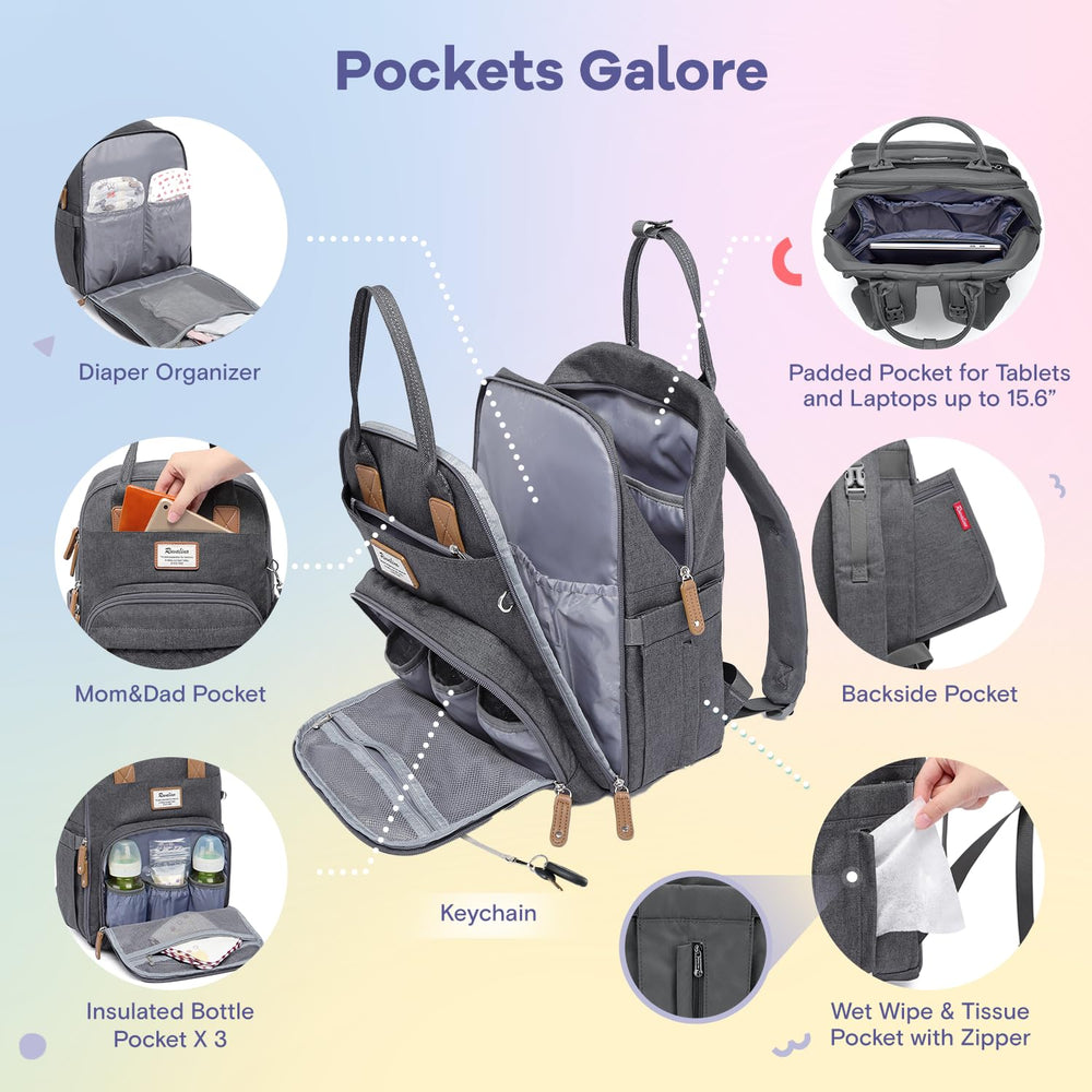 RUVALINO diaper bag insulated bottle pockets help keep drinks warm or cool.