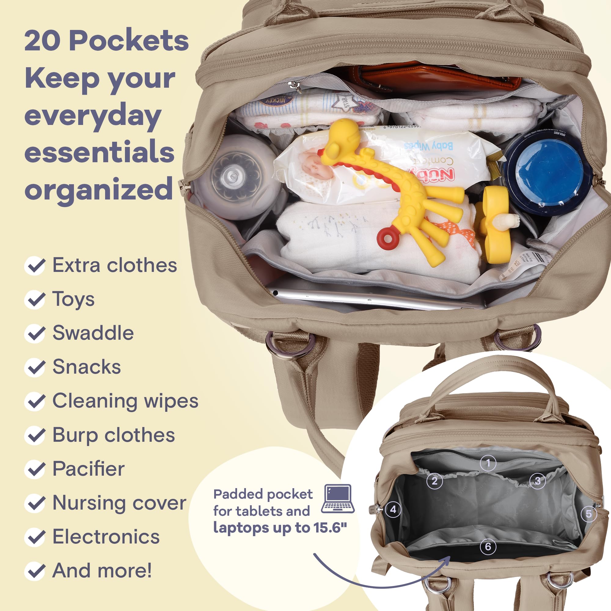 RUVALINO diaper bag insulated bottle pockets fit wide-neck and tall bottles.