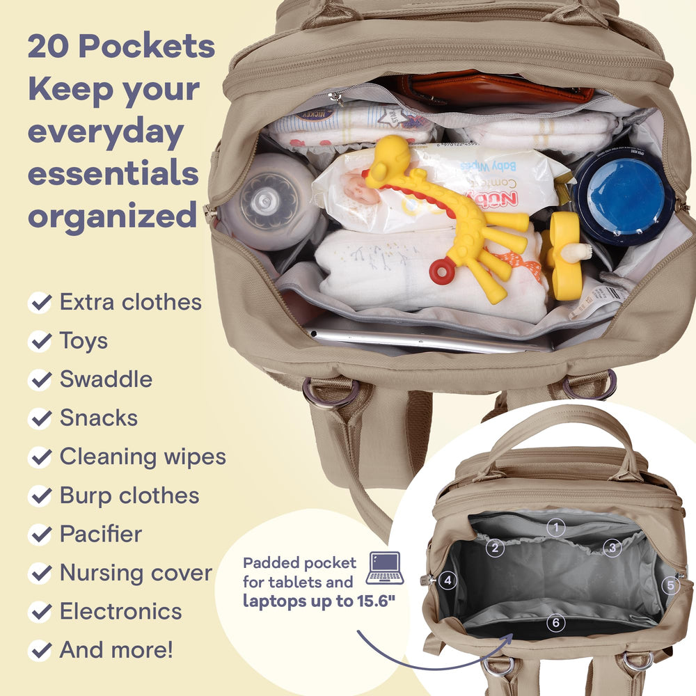 RUVALINO diaper bag insulated bottle pockets fit wide-neck and tall bottles.