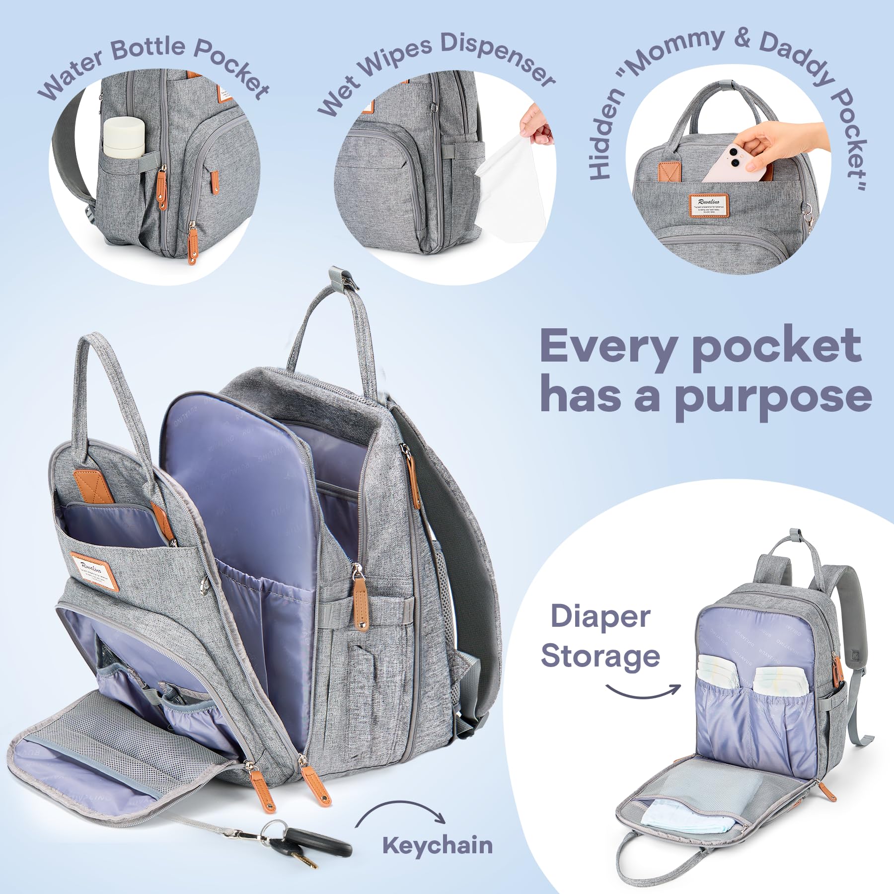 RUVALINO insulated bottle pockets fit wide-neck bottles for on-the-go feeding.