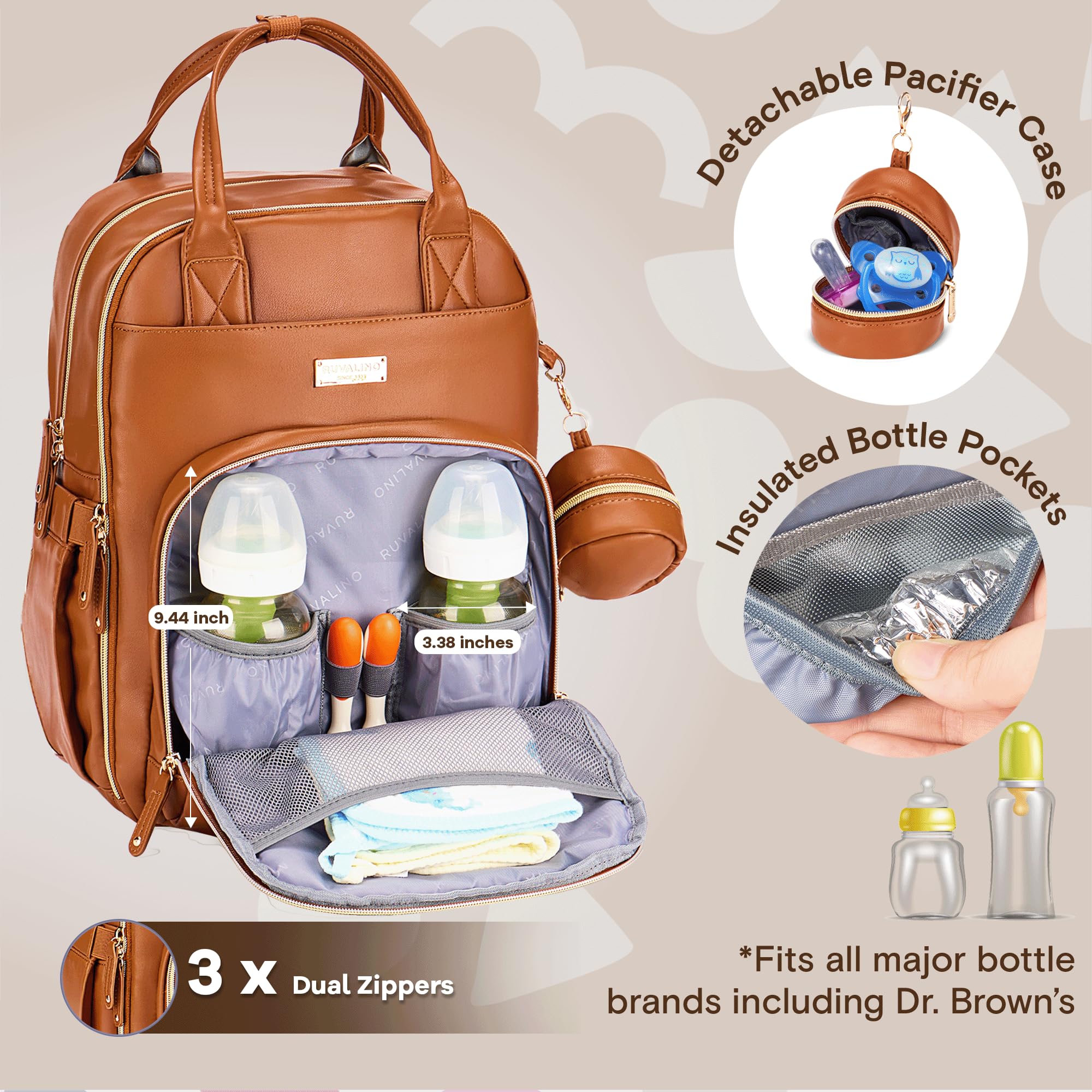 RUVALINO diaper bag backpack open layout highlights easy access for quick changes