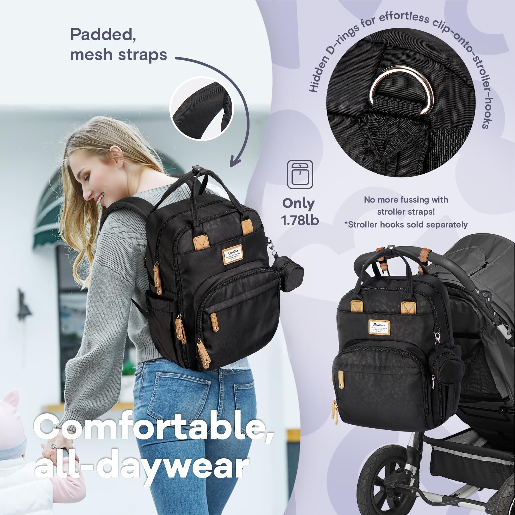 RUVALINO diaper bag pacifier case keeps small items organized and within reach.