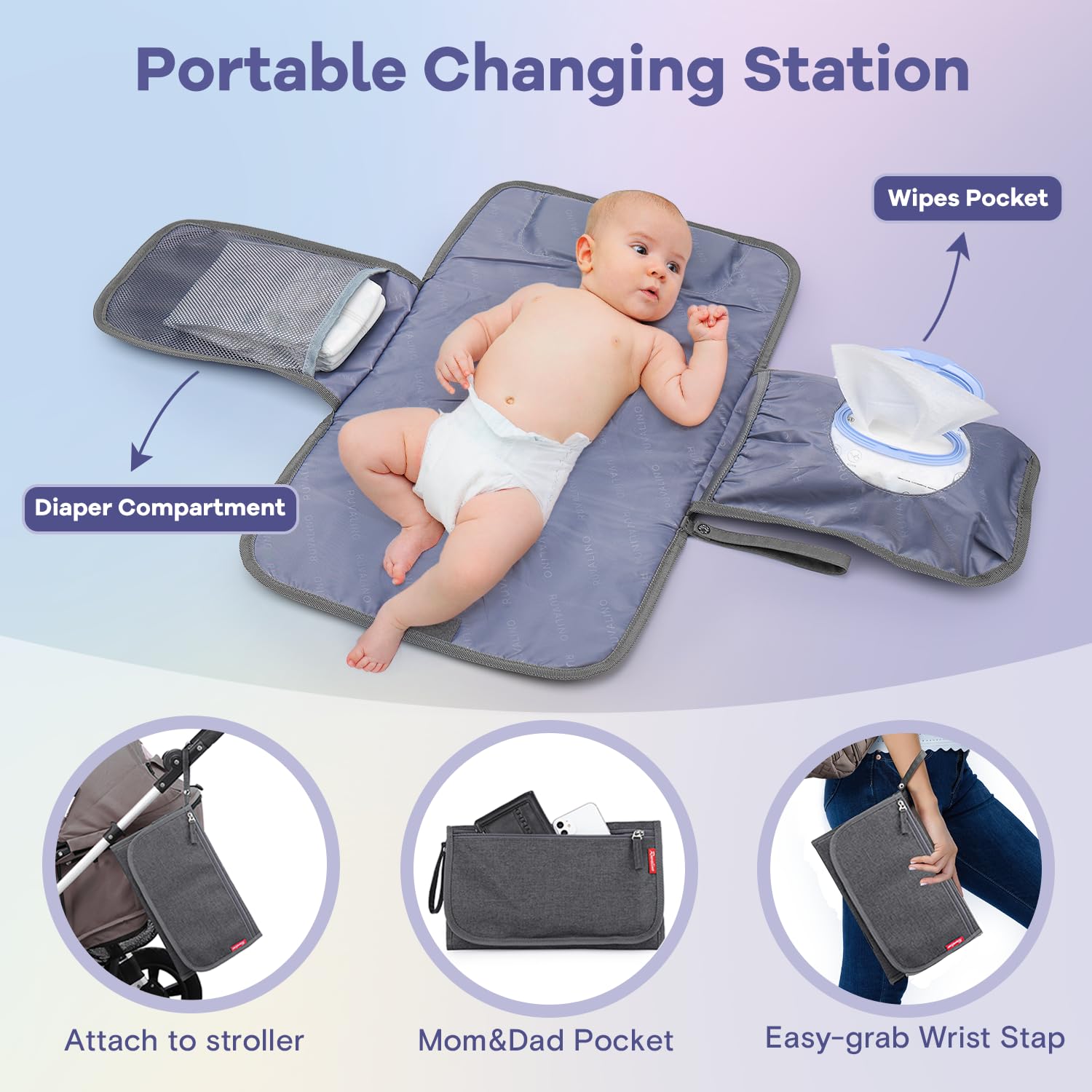 RUVALINO diaper bag padded shoulder straps offer comfortable everyday carry.