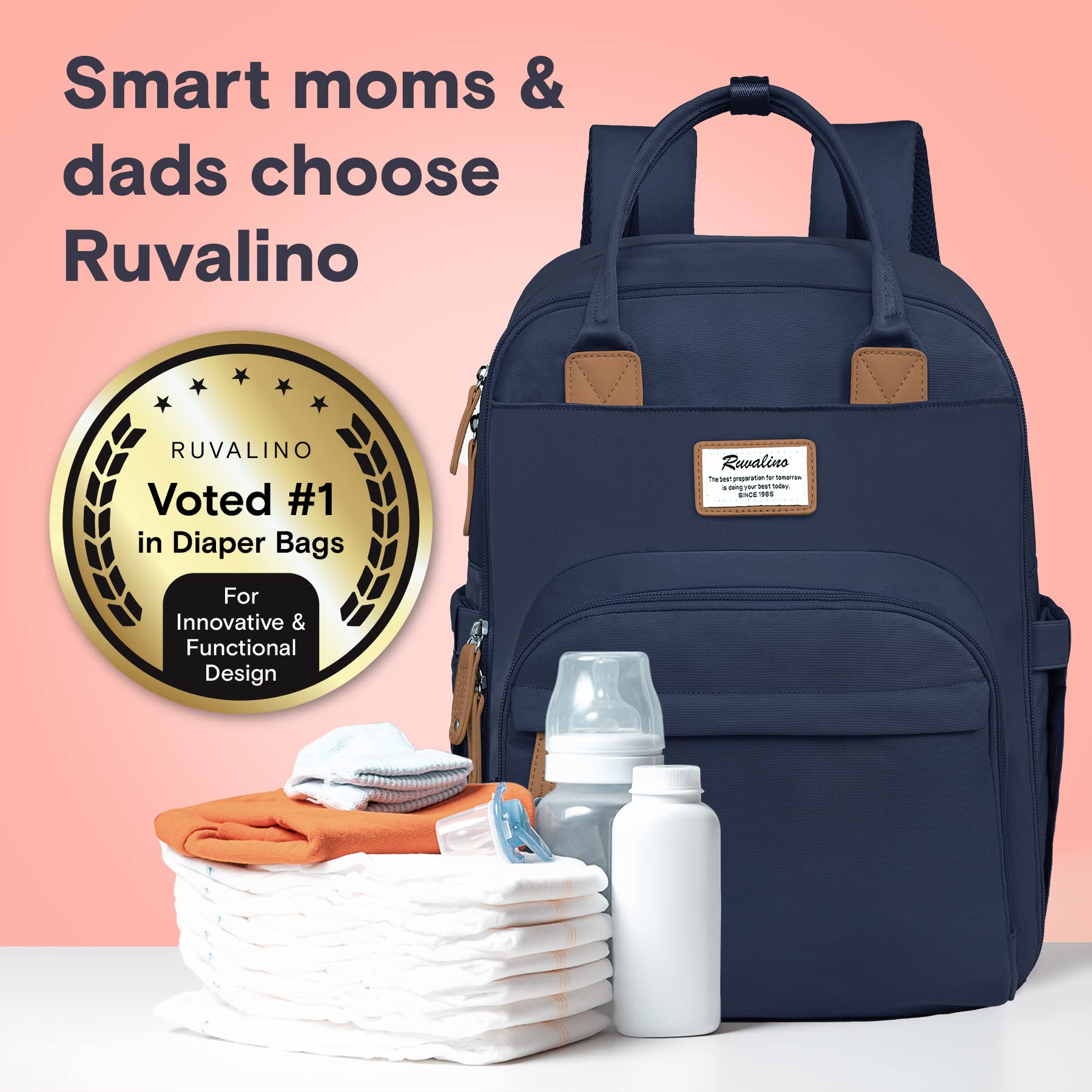 RUVALINO diaper bag stroller-attachment demonstrates hands-free shopping compatibility.