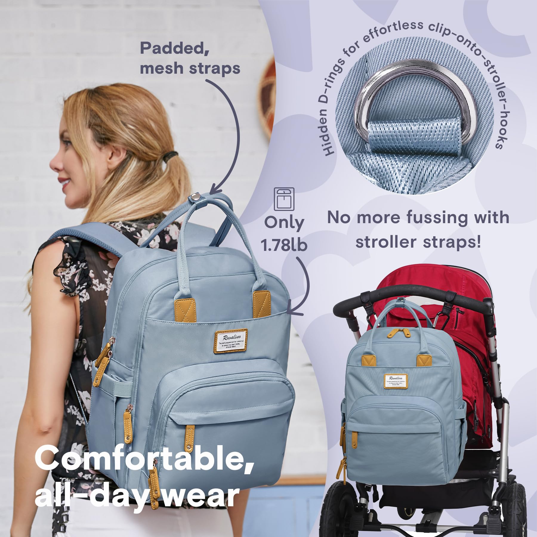 RUVALINO diaper bag stroller-compatibility lets you hang it for hands-free errands.
